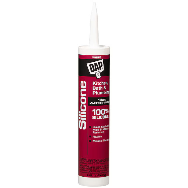 A 9.8-oz tube of DAP Kitchen and Bath White Silicone Caulk features a pointed nozzle, offering waterproof and mold-resistant sealing for kitchens and baths.